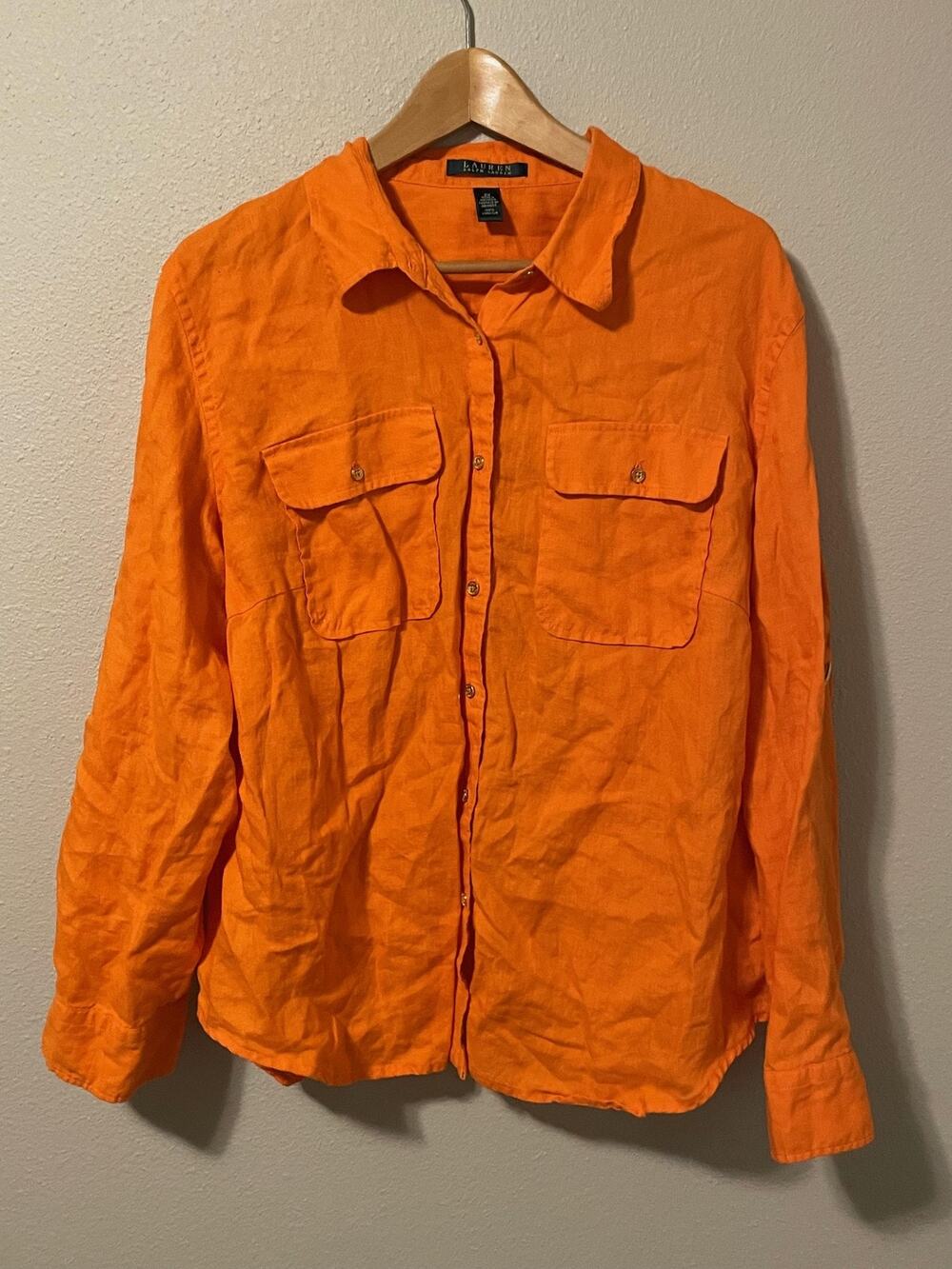 Lauren Ralph Lauren Button Up Shirt Womens 2X Orange Linen Long Sleeve Casual